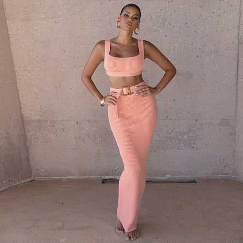 Matching Sets Crop Top High Waist Long Skirt Knitted Women Outfit