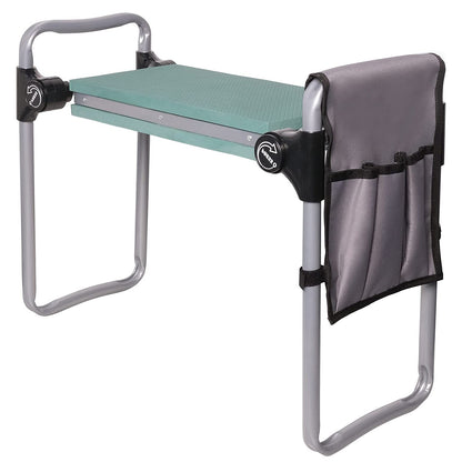 Folding garden bench with tool bag -  Opvouwbaar tuinbankje met gereedschapstas