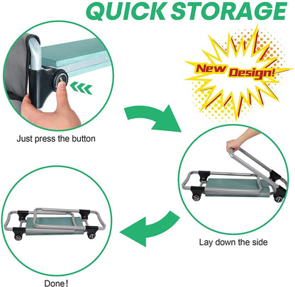 Folding garden bench with tool bag -  Opvouwbaar tuinbankje met gereedschapstas