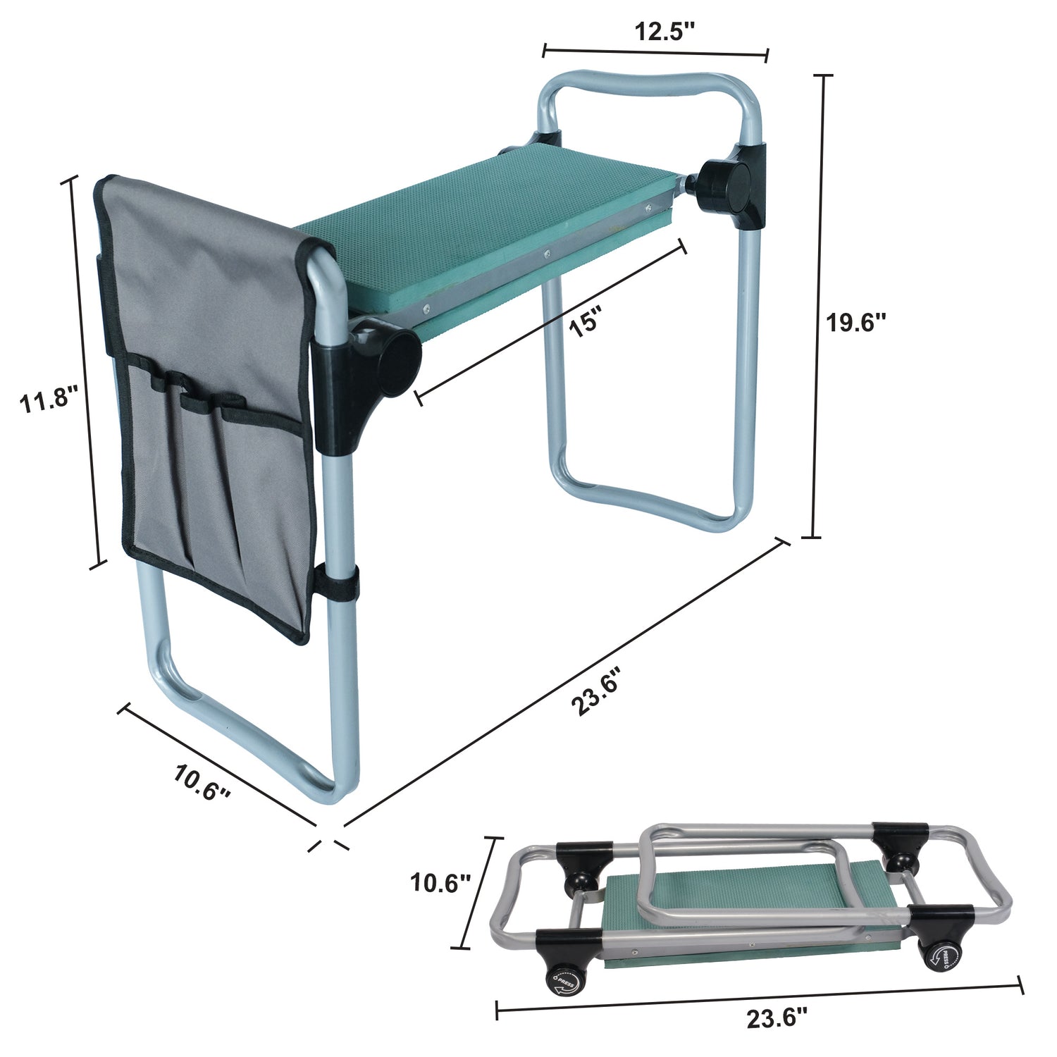 Folding garden bench with tool bag -  Opvouwbaar tuinbankje met gereedschapstas