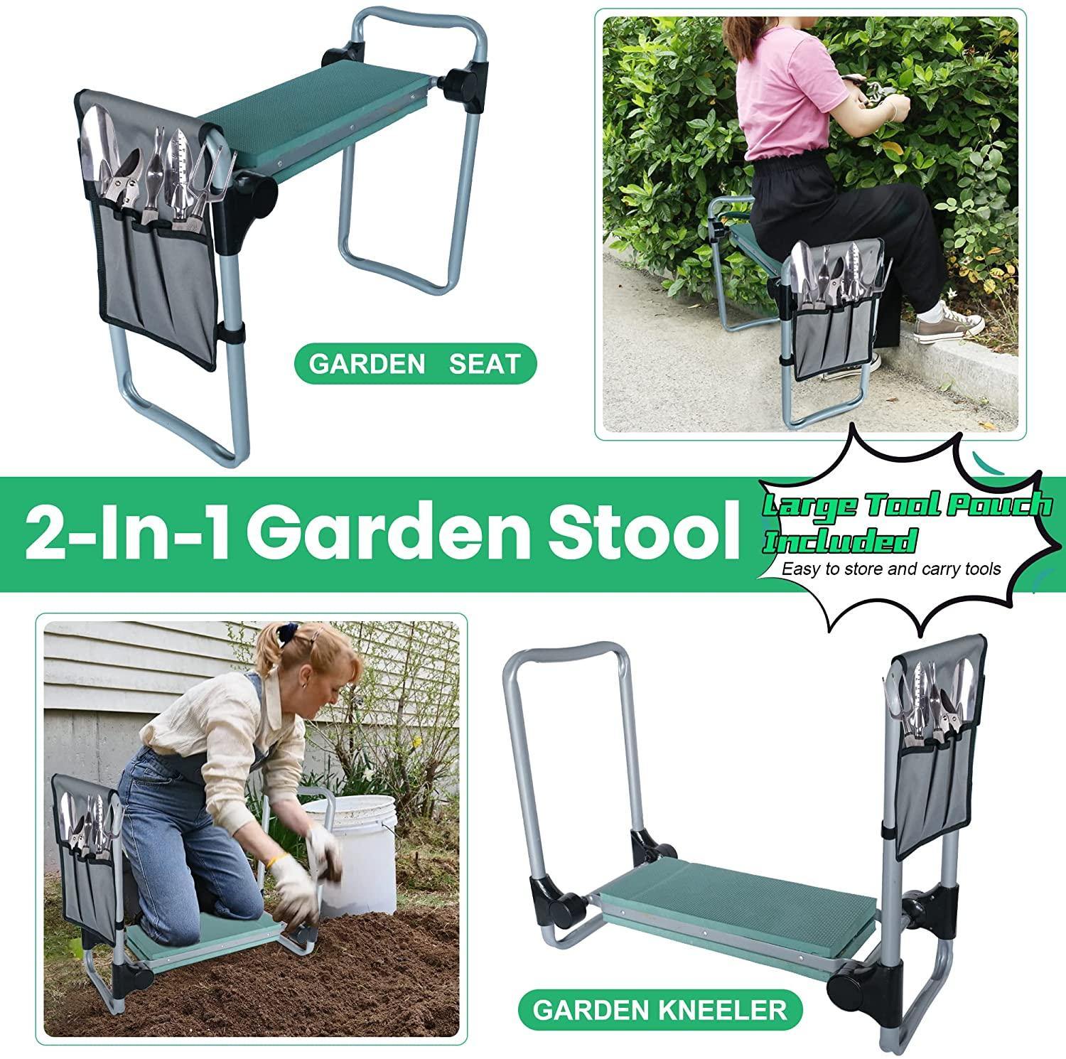 Folding garden bench with tool bag -  Opvouwbaar tuinbankje met gereedschapstas