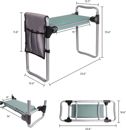 Folding garden bench with tool bag -  Opvouwbaar tuinbankje met gereedschapstas