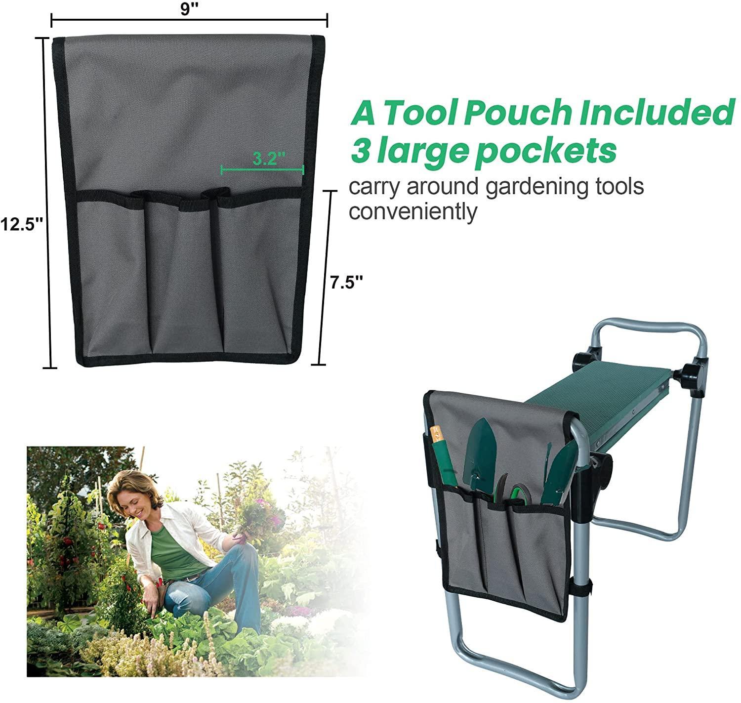 Folding garden bench with tool bag -  Opvouwbaar tuinbankje met gereedschapstas